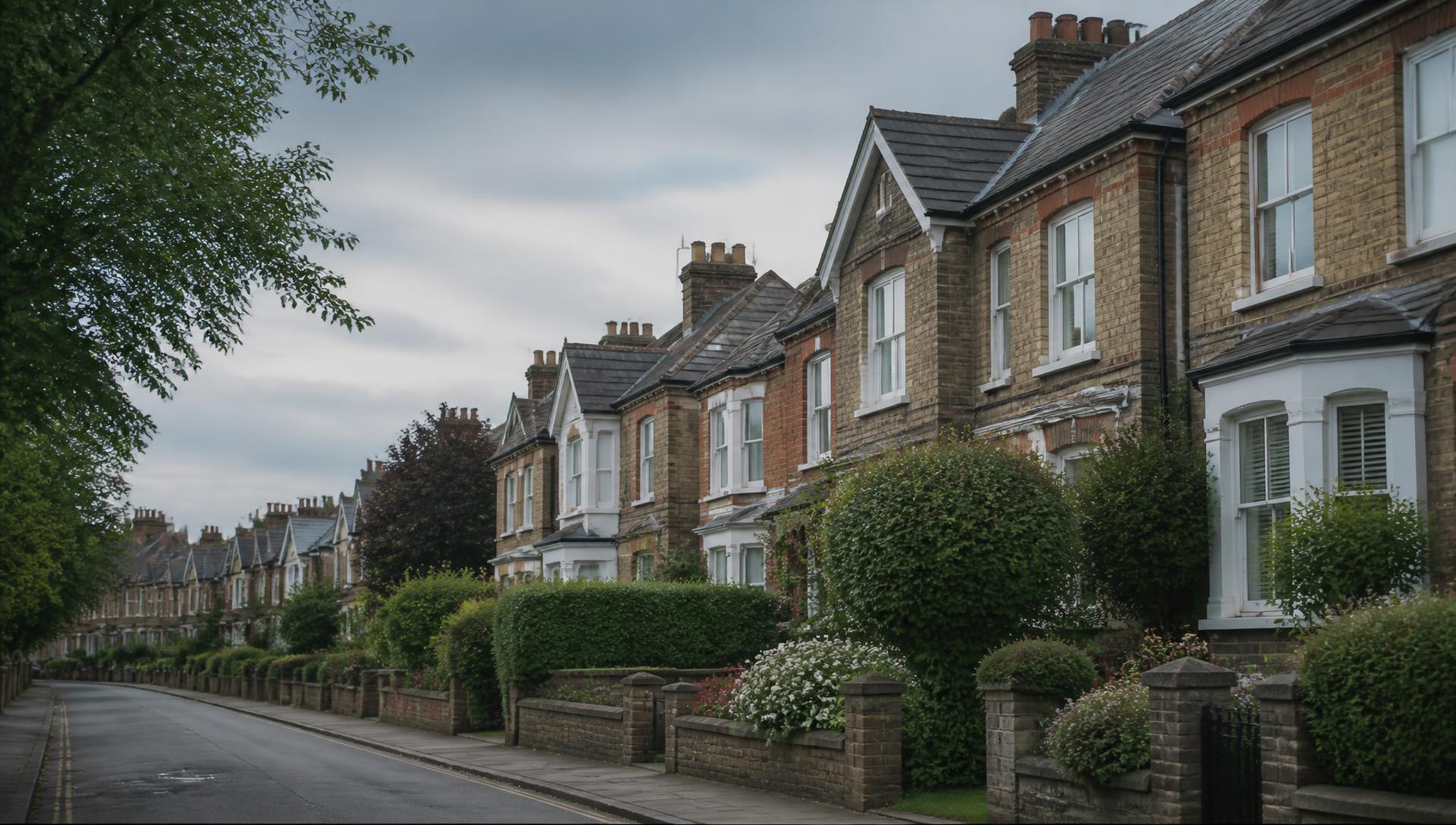 A quiet, well-kept UK residential street of brick terraced houses in soft daylight
