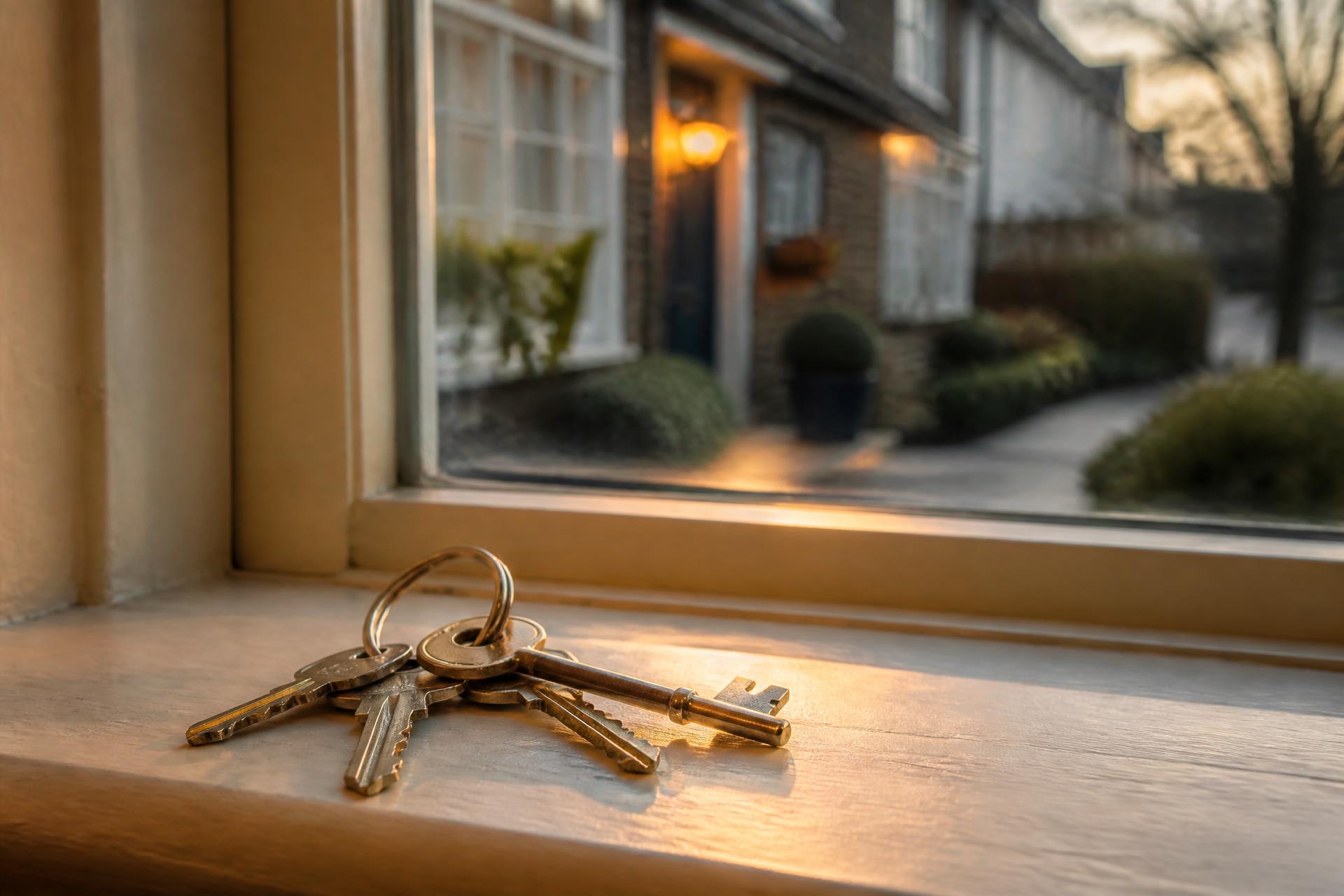 House keys resting on a windowsill with a warm porch light glowing on a home behind